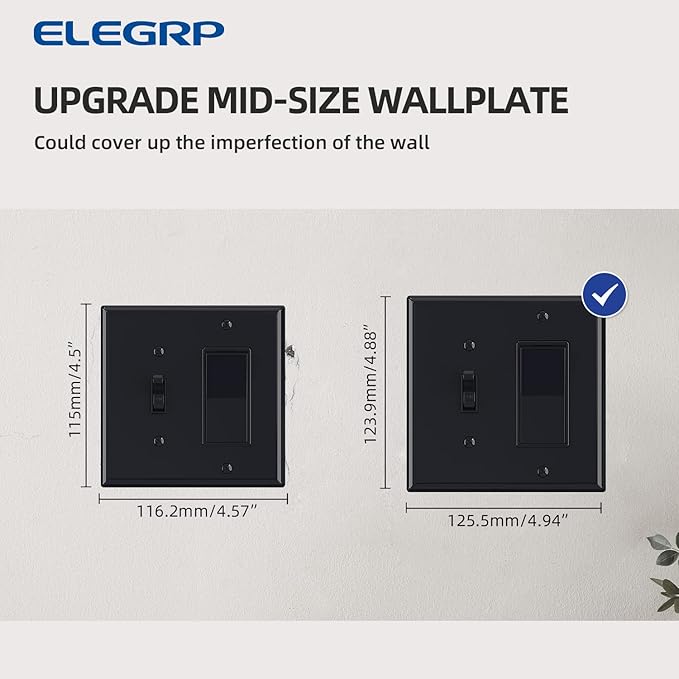Combination Wall Plate ELEGRP 2-Gang 1-Toggle Light Switch 1-Decorator/GFCI Device Combination Wall Plates, Mid-Size 4.88" x 4.94" Unbreakable Thermoplastic Faceplate Cover, UL (1 Pack, Glossy Black)