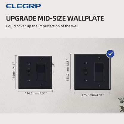 Combination Wall Plate ELEGRP 2-Gang 1-Toggle Light Switch 1-Decorator/GFCI Device Combination Wall Plates, Mid-Size 4.88" x 4.94" Unbreakable Thermoplastic Faceplate Cover, UL (1 Pack, Glossy Black)