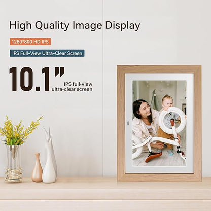 10.1" Digital Picture Frame with Remote Control, 1280 * 800 IPS Full View Ultra Clear Screen, Removable Wooden Frame, Share Videos Photos Send Wishes Auto-Rotate Slideshow Non-WiFi