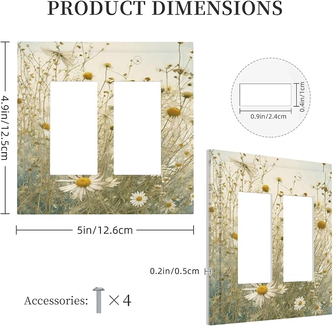White Wildflowers Daisy Vintage Floral Decorative Outlet Covers 2 Gang Double GFCI Rocker Electrical Wall Panels Light Switch Cover Plate for Bed Room Living Room Decor