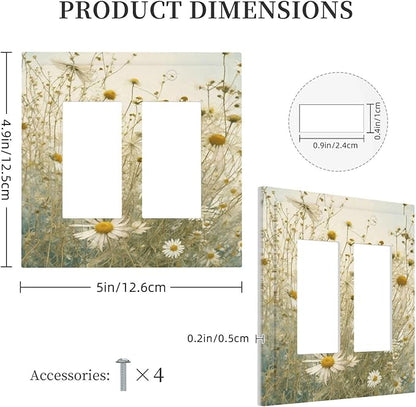 White Wildflowers Daisy Vintage Floral Decorative Outlet Covers 2 Gang Double GFCI Rocker Electrical Wall Panels Light Switch Cover Plate for Bed Room Living Room Decor