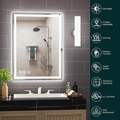LED Bathroom Mirror 24"x 32" with Stepless Dimmable Wall Mirrors with Anti-Fog, Dimmable CRI>90, Vanity Mirror with 3 Color Modes, Shatter-Proof, Memory Bathroom Mirror with LED Lights
