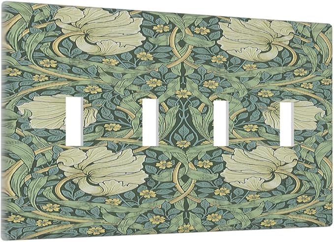 Light Switch Covers Vintage Floral Plant Sage Green William Morris Quad Toggle 4 Gang Wall Plate Electrical Faceplate Decorative Switch Plates for Bedroom Home Decor