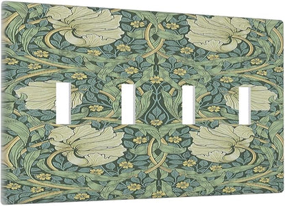 Light Switch Covers Vintage Floral Plant Sage Green William Morris Quad Toggle 4 Gang Wall Plate Electrical Faceplate Decorative Switch Plates for Bedroom Home Decor