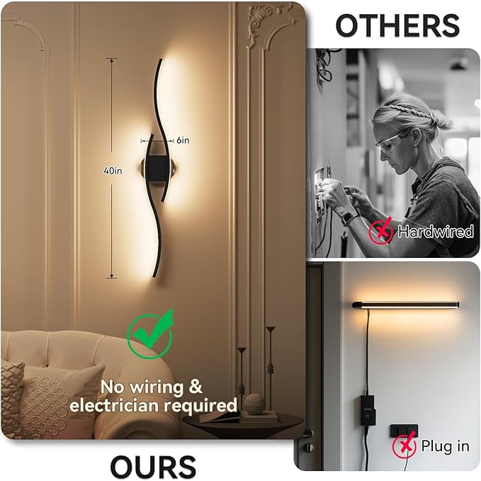 40 Inch Battery Operated Wall Sconces Set of Two, Wireless Wall Sconce With Remote Control, Rechargeable Sconces 3000K-6500K, RGB Dimmable Wall Lights for Living Room, Hallway, Bedroom (40 inch 1Pack)