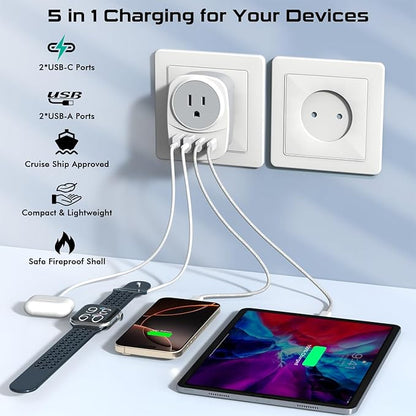 European Travel Plug Adapter,Universal Travel International Power Adapter 2 USBC Port and 2 USBA Port,Fast Charging USB C-C Woven Cable,USB C Power Plug for US to Europe Adapters for Multiple Devices