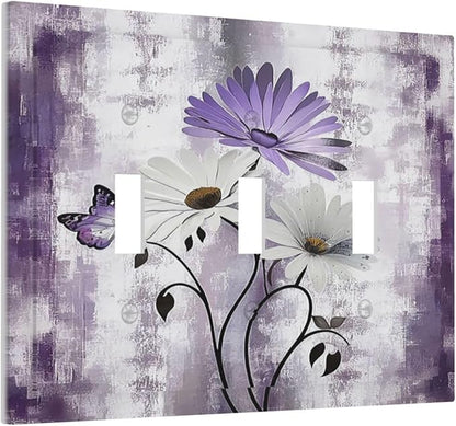 Light Switch Covers Purple Daisy White Floral Butterfly Flowers 3 Gang Wall Plates Triple Toggle Outlet Cover Decorative Switchplates Electrical Panel Cover for Kitchen Living Room 4.8 X 6.7 IN