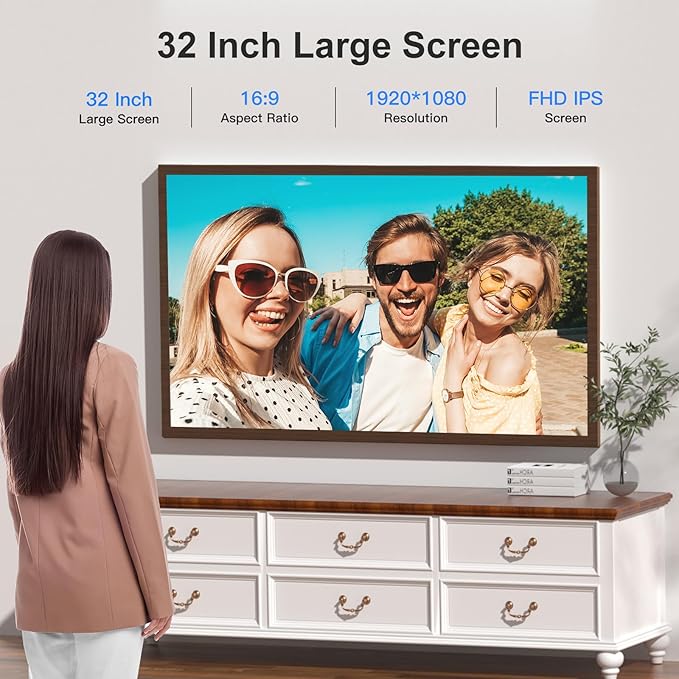 Large Digital Picture Frame 32-Inch-WiFi-Photo-Frame - FHD IPS Digital Frame, Remote Control, Auto-Rotate, Load Photo Video from Phone via APP Email, Free Cloud Storage, Dark Wood Grain, Gifts for Mom