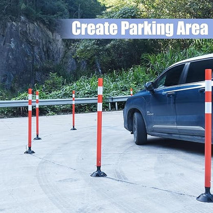 BESEA 8PCS 36" Traffic Delineator Posts with Detachable Base & High-Visibility Reflective Collars,Orange Flexible Safety Cones for Driveway, Parking Lot, Roadway, and Work Zone