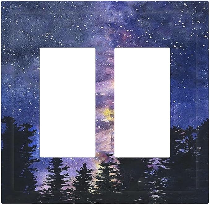 Decorative Outlet Covers Dream Milky Way Starry Forest Pine Watercolor Painting 2 Gang Double GFCI Rocker Electrical Wall Panels Light Switch Cover Plate for Bedroom Home Decor