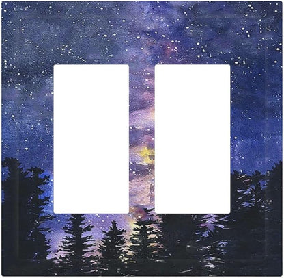 Decorative Outlet Covers Dream Milky Way Starry Forest Pine Watercolor Painting 2 Gang Double GFCI Rocker Electrical Wall Panels Light Switch Cover Plate for Bedroom Home Decor