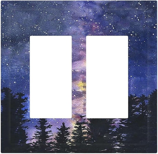 Decorative Outlet Covers Dream Milky Way Starry Forest Pine Watercolor Painting 2 Gang Double GFCI Rocker Electrical Wall Panels Light Switch Cover Plate for Bedroom Home Decor