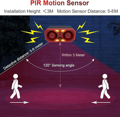 Solar Sound & Strobe Light Alarm Motion Sensor Siren, 13 Sounds & Recording, Dual Speaker 130dB Dog Barking Loud Noise Maker, Security Alert System for Home Farm Barn Villa Orchard (2 Pack)