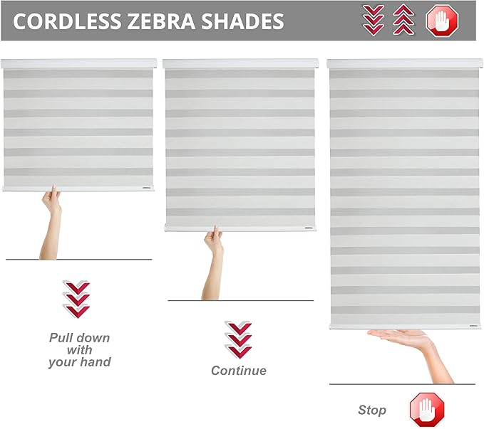 Shadesu Cordless Zebra Blinds for Windows, 31" W x 72" H, White, Dual Layer Free-Stop Zebra Shades, Light Control for Day and Night, Sheer Blinds for Indoor Windows, Bedroom, Kitchen
