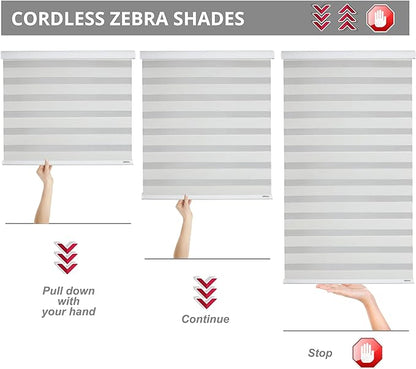 Shadesu Cordless Zebra Blinds for Windows, 27.5" W x 72" H, White, Dual Layer Free-Stop Zebra Shades, Light Control for Day and Night, Sheer Blinds for Indoor Windows, Bedroom, Kitchen