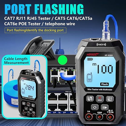 NF-8509 Network Cable Tester (with Multimeter Tester), POE/RJ45 RJ11 CAT5 CAT6 LAN/Ethernet Port Flashing, Anti-Interference TDR Network Tester/NCV Anti-Burnout AC DC Voltmeter Network Tool