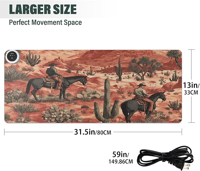 Heated Desk Pad Mouse Pad 31.5x13 Inch PU Leather Desk Mat with 3 Heat Levels Large Mouse Gaming Computer Laptop Mat Cowboys Horses Cactus Desert