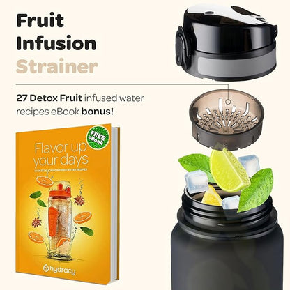 Hydracy Water Bottle with Time Marker -Large BPA Free Water Bottle & No Sweat Sleeve -Leak Proof Gym Bottle with Fruit Infuser Strainer & Times to Drink -Ideal for Fitness Sports & Outdoors
