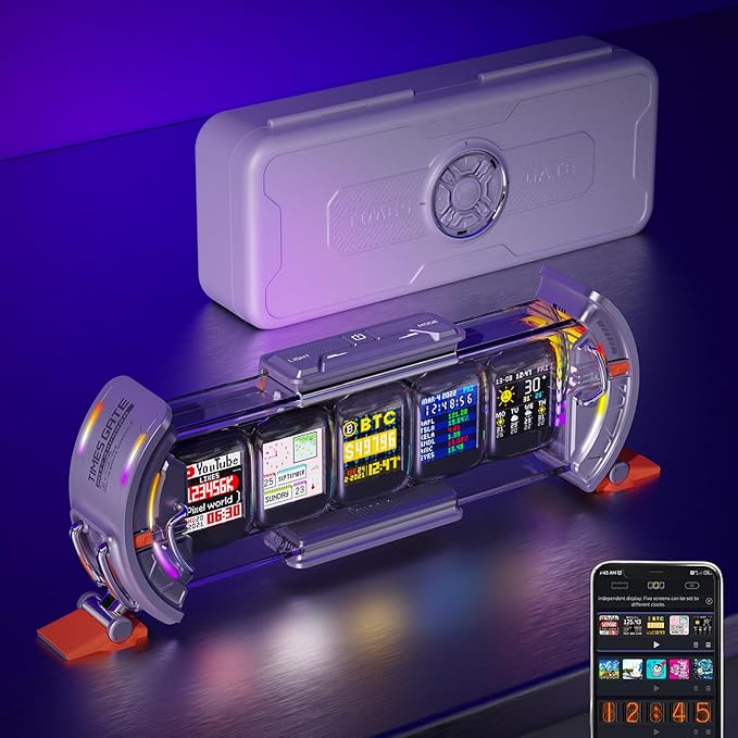 Divoom Times Gate - Cyberpunk Gaming Setup Digital Alarm Clock, Smart APP, WiFi Connect, RGB LED Display, Personalized Financial & Bitcoin Dashboard, Pixel Art for Gaming Room & Office Decor, Silver