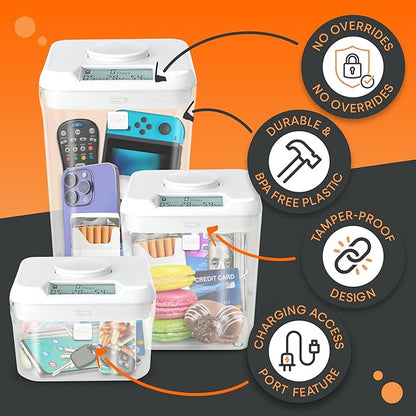 kSafe Time Locking Container Medium – Phone Lock Box, Snack Safe, Self-Control Timer Box, BPA-Free Plastic, No Overrides, 5.5” W x 5.5” H, White Lid, Clear Base
