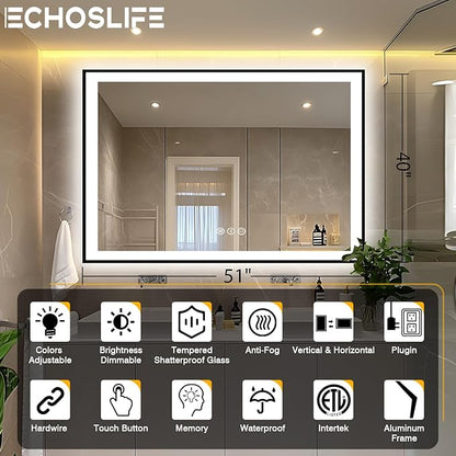 51x40 Bathroom Light up Mirror, Black Double Bright Lights Mirror, Anti-Fog Vanity Mirror with Lights, Stepless Dimmable Illuminated, Touch Control, Waterproof (Horizontal/Vertical)