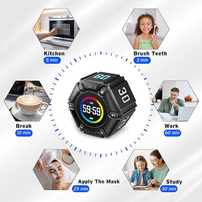 Jack Pomodoro Timer - Productivity Cube, Visual Focus Timer, Mute & Vibration & Adjustable Sound Alert, for Office, ADHD, Study, Work, 3/5/10/25/30/60min & Custom Countdown - Black