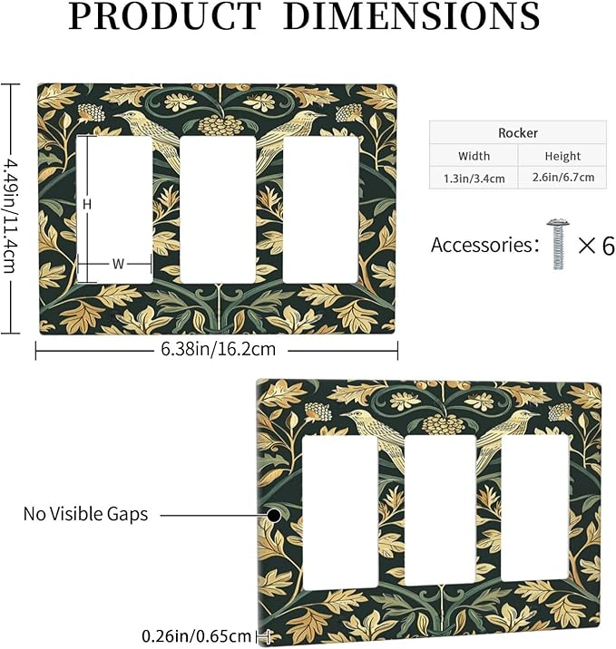 Light Switch Covers William Morris Vintage Botanical Birds Golden Green Leaves 3 Gang Rocker Electrical GFCI Decorative Triple Outlet Wall Plate Cover Switchplate for Bedroom Home Decor
