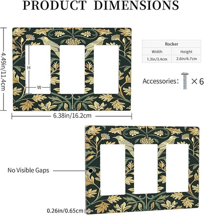 Light Switch Covers William Morris Vintage Botanical Birds Golden Green Leaves 3 Gang Rocker Electrical GFCI Decorative Triple Outlet Wall Plate Cover Switchplate for Bedroom Home Decor