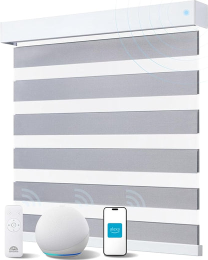 Smart Zebra Blinds for Windows, Alexa Motorized Blinds with Remote Control, Automatic Electric Power Zebra Shades for Indoor Windows (33" W x 72" H, Gray Fabric & White Shell)