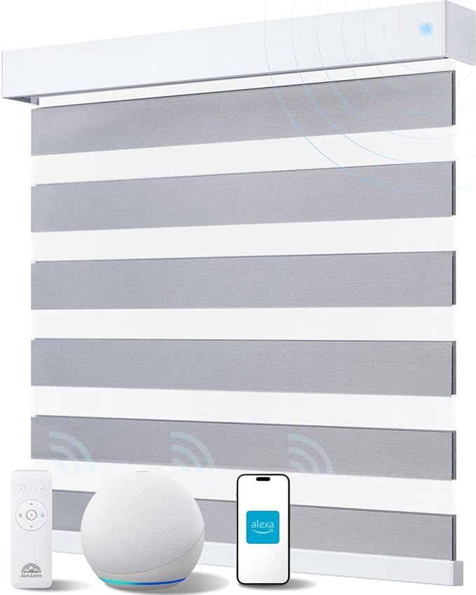 Smart Zebra Blinds for Windows, Alexa Motorized Blinds with Remote Control, Automatic Electric Power Zebra Shades for Indoor Windows (35" W x 72" H, Gray Fabric & White Shell)