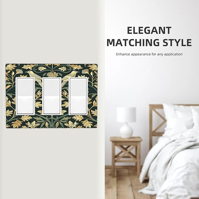 Light Switch Covers William Morris Vintage Botanical Birds Golden Green Leaves 3 Gang Rocker Electrical GFCI Decorative Triple Outlet Wall Plate Cover Switchplate for Bedroom Home Decor