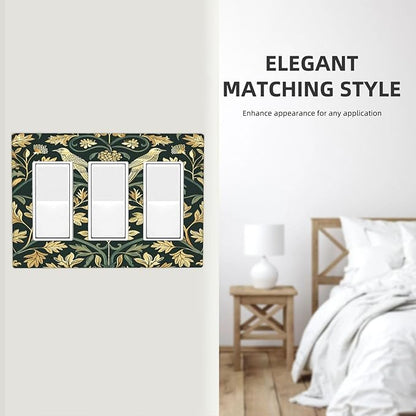 Light Switch Covers William Morris Vintage Botanical Birds Golden Green Leaves 3 Gang Rocker Electrical GFCI Decorative Triple Outlet Wall Plate Cover Switchplate for Bedroom Home Decor