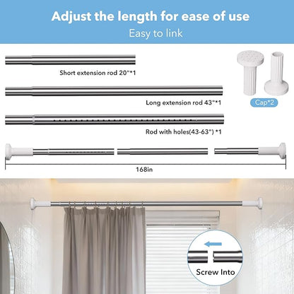 Tension Curtain Rod 51–168 In (4.25–14 ft),Extra Long Outdoor Curtain Rod for Window or Bathroom Patio,Easy to Install No Drilling Never Rust,Heavy Duty Adjustable Spring Shower Rod