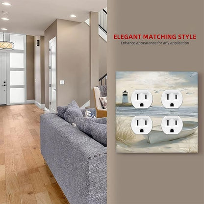 Decorative Outlet Covers Seascape Painting with Lighthouse Boats 2 Gang Wall Plate Double Duplex Receptacle Light Switch Covers Switch Plate Cover for Bedroom Home Decor