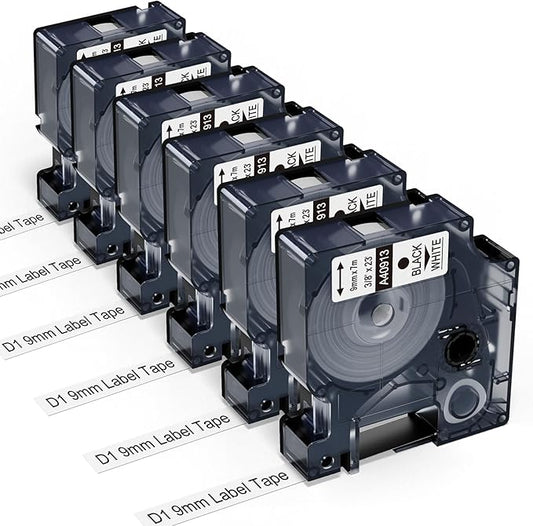 Freshworld Compatible with Dymo D1 Label Tape 3/8 Inch 40913 S0720680 Label Maker Refills d1, Black on White 9mm Refills, for LabelManager 160 210D 260P 280 360D Printer COLORPOP, 23 Ft, 6-Pack