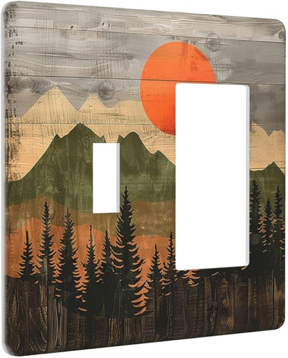 Outlet Covers Vintage Wood Grain Sun Forest Mountains 1 Toggle 1 Rocker Combination Decorative Wall Plate Electrical Switch Plates Light Switch Cover Plate for Farmhouse Cabin Decor