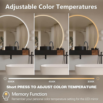 Niccy 40" Semicircular Wall Mounted Frameless LED Mirror, Modern Half Moon Design, Anti-Fog, Shatter-Proof, 3 Color Temperatures, Dimmable Light, Bathroom & Bedroom Use