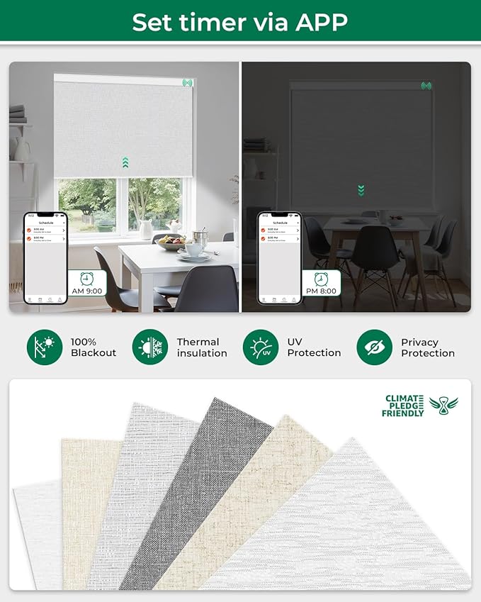 Allesin Motorized Roller Blinds – Rechargeable Smart Shades with Remote & Quiet Motor, Top/Bottom Aluminum Rails, Alexa-Compatible for Window (Custom Size, 100% Blackout Fog-Slub)