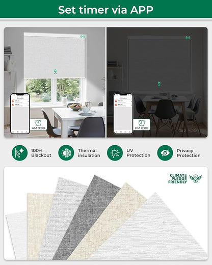 Allesin Motorized Roller Blinds – Rechargeable Smart Shades with Remote & Quiet Motor, Top/Bottom Aluminum Rails, Alexa-Compatible for Window (Custom Size, 100% Blackout Fog-Slub)