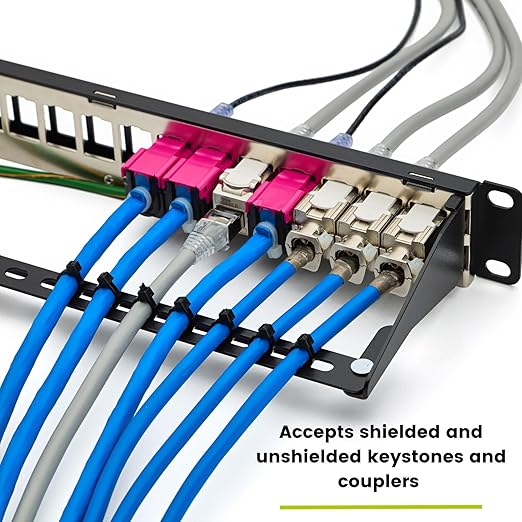 trueCABLE Shielded 24 Port 19” Toolless Modular Patch Panel, Blank, 1U Rack Mount, with Cable Management Bar and Ground Wire, High Density, Black