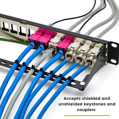 trueCABLE Shielded 24 Port 19” Toolless Modular Patch Panel, Blank, 1U Rack Mount, with Cable Management Bar and Ground Wire, High Density, Black