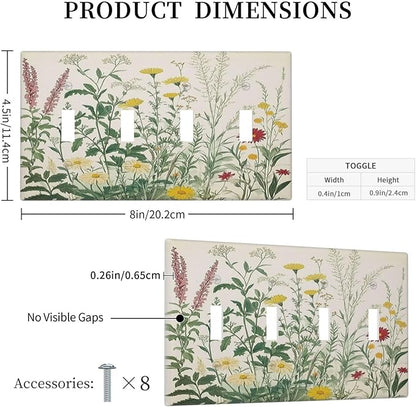 Rustic Wildflower Green Plants Daisy Floral Light Switch Covers Quad Toggle Electrical Faceplate 4 Gang Wall Plate Decorative Switch Plates For Farmhouse Bed Room Decor