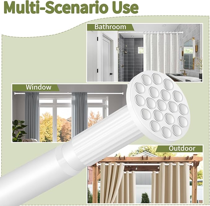 White Shower Curtain Rod 51-86 Inch, Adjustable Tension Rod No Drilling for Window or Bathroom Closet, Outdoor Curtain Rod for Patio, Easy to Install, Never Rust, Rod Diameter 1.26 Inches-White
