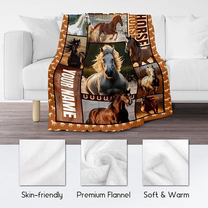 Custom Girls Blanket, Personalized Horse Gifts for Girl Ages 8-12 10-12, 50"x60" Kids Throw Blankets for Adults Women, Cowgirl Room Decor Western Throws for Animal Lovers