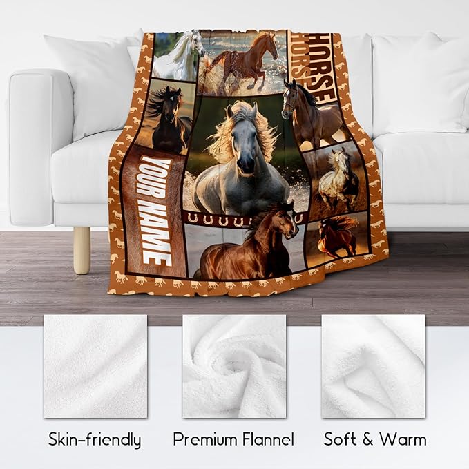 Custom Girls Blanket, Personalized Horse Gifts for Girl Ages 8-12 10-12, 30"x40" Kids Throw Blankets for Adults Women, Cowgirl Room Decor Western Throws for Animal Lovers