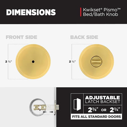 Kwikset Pismo Interior Privacy Door Knob with Lock, Door Handle for Bathroom and Bedroom, Satin Brass, Round, Keyless Turn Lock Doorknob, Microban Protection