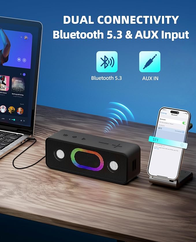 OHAYO Bluetooth Speaker, Portable Wireless, IPX6 Waterproof, 16W HD Sound, 24H Playtime, TWS Pairing, LED Lights, Speakers for Home/Outdoors/Travel, Birthday Gifts, Stocking Stuffers, Black, Small