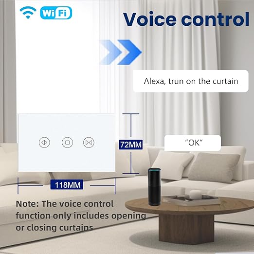 Smart Curtain Switch 118X72X34MM Neutral Wire Required, 2.4GHz WiFi,Tempered Glass Panel, Multi-Control Way Work with Alexa and Smart Life, White WiFi Curtain