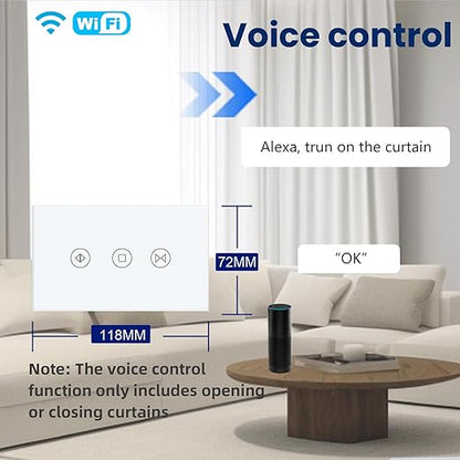 Smart Curtain Switch 118X72X34MM Neutral Wire Required, 2.4GHz WiFi,Tempered Glass Panel, Multi-Control Way Work with Alexa and Smart Life, White WiFi Curtain