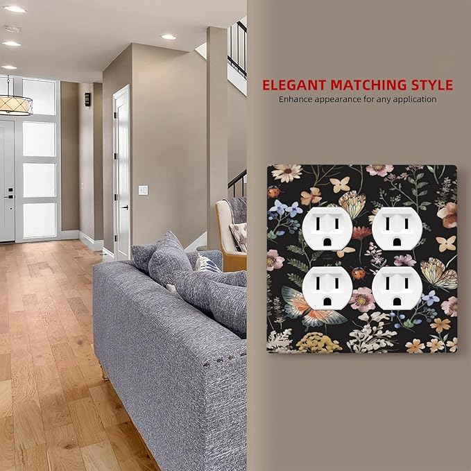 Decorative Outlet Covers Rustic Black Butterfly Flowers Leaves 2 Gang Wall Plate Cover Double Duplex Receptacle Two Switch Light Switch Cover Plate Jumbo Dual Faceplate for Home Decor